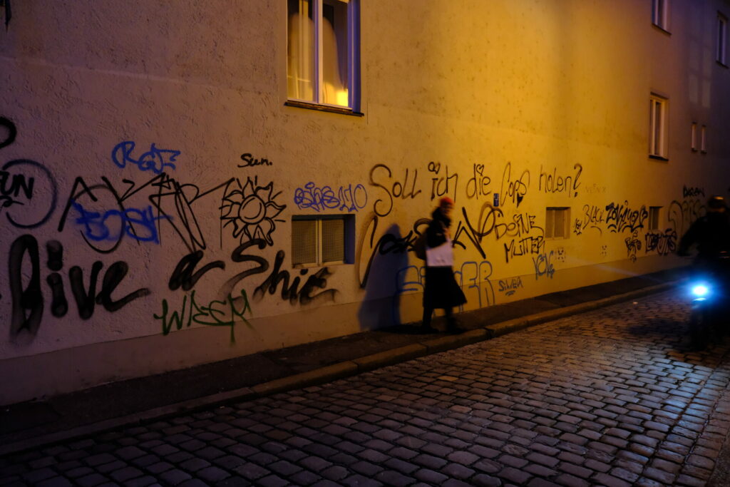 Augsburg | Hinterer Lech | Passantin vor Graffiti | Fotowalk